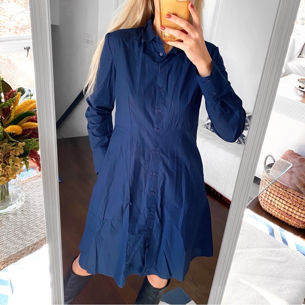 💙 MANGO NAVY COTTON LONG SLEEVE COLLARED KNEE LENGTH BUTTON DOWN DRESS!